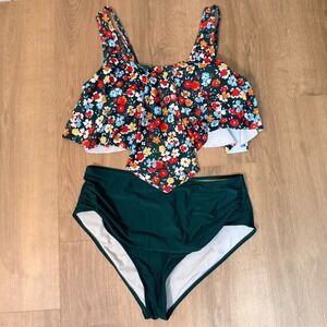 PatPat Women L Ditsy Floral Flounce Bikini Set High Waisted Swimsuit‎ Green
